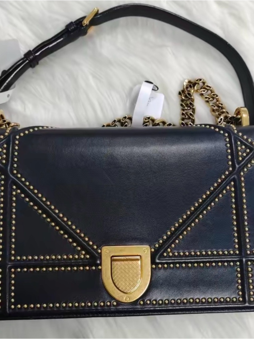 Dior Black Leather Shoulder Bag with Gold Hardware and Stud Detailing